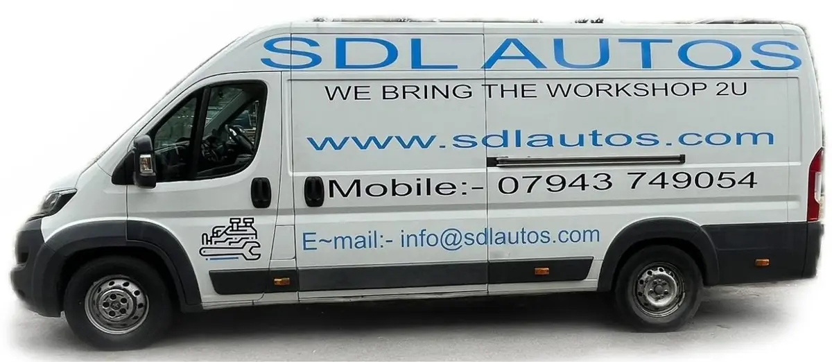 The white S.D.L Autos van lettered SDL AUTOS, We Bring the Workshop 2U, with the phone number 07943 749054